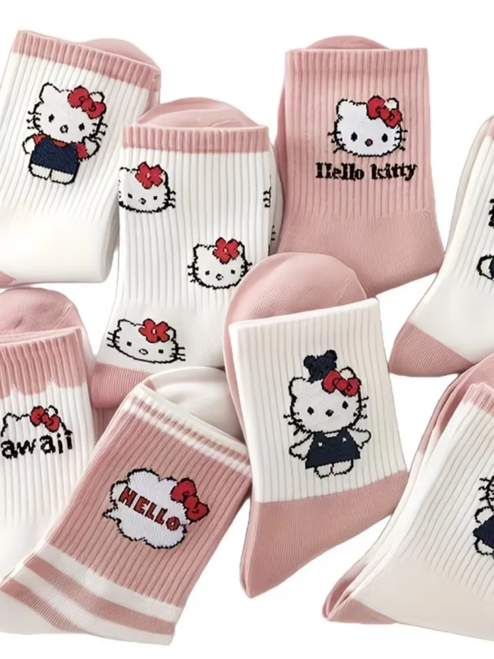 4 Pair Hello Kitty Kawaii Pink & White Crew Socks -